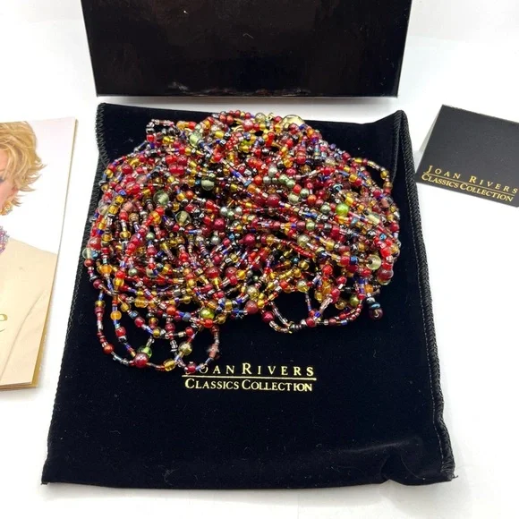 Vintage Joan Rivers Glass Gold Tone Jewel Tone 12 Multistrand Beaded Necklace